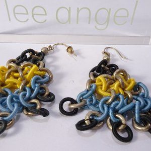 Lee Angel Neiman Marcus Brass Gold mesh Link Chandelier color block earrings NWT